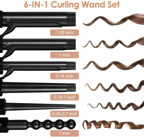 Miniatura 2 de Rizador 6 en 1 para cabello largo y corto, coeficiente de temperatura positivo, de cerámica, con temperatura ajustable y voltaje dual, con guante