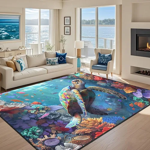 Miniatura 8 de Alfombra de tortuga marina con estampado de animales marinos y animales marinos, alfombra con estampado de tortugas marinas, para niños y niñas