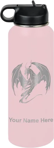Miniatura 16 de LaserGram Botella de agua con tapa abatible de doble pared de 12 onzas con pajilla, dragón, grabado personalizado incluido (negro)
