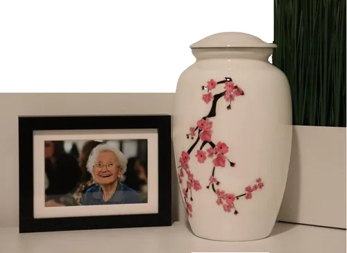 Miniatura 2 de Liliane Memorials Urna de cremación de flores de cerezo rosa, urna funeraria blanca para cenizas humanas, hecha a mano en aluminio, adecuada