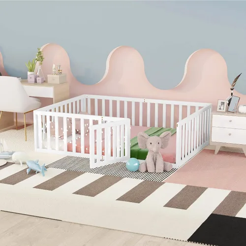 Miniatura 10 de MERITLINE Base de cama de tamaño individual para niños, cama de madera para niños con valla, cama Montessori con puerta, para niños mayores de 6