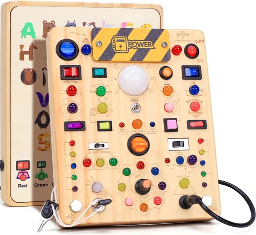 Miniatura 9 de Tablero de actividades con interruptores de luz LED, juguetes Montessori para niños de 1, 2, 3 años, tablero de actividades sensoriales de madera