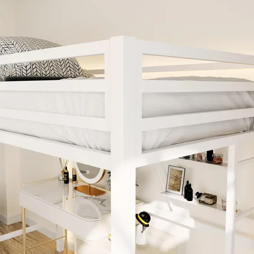 Miniatura 7 de ikalido - Cama elevada de metal tamaño individual con barandilla de seguridad y escalera, no requiere somier, ahorra espacio, mueble para Blanco