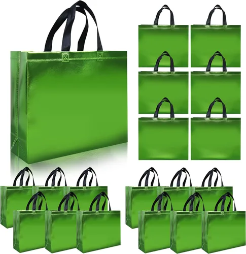 cabzymx Bolsas de regalo reutilizables de color verde claro, 15 unidades, 12.6 x 4.7 x 11 pulgadas, bolsas de regalo de fiesta no tejidas a granel