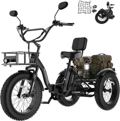 MOONCOOL Triciclo eléctrico plegable para adultos, Etrike de aluminio de 20 pulgadas, clasificado 500 W, batería extraíble de 48 V frenos de disco