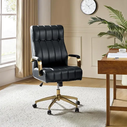 Miniatura 9 de HULALA HOME Silla de oficina ejecutiva moderna, silla de escritorio ergonómica copetuda de piel sintética con base chapada en oro y reposabrazos
