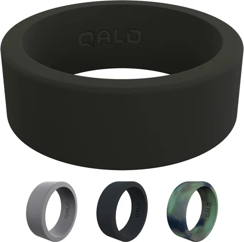 QALO - Anillo de silicona de goma básico y plano para hombre, anillo de boda, transpirable, duradero, paquete múltiple, varios colores