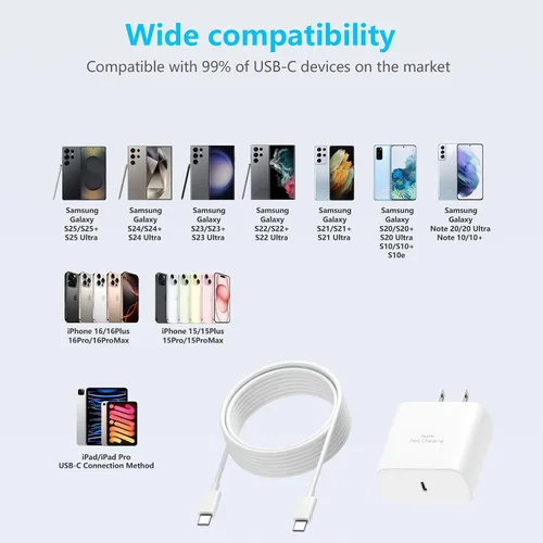 Miniatura 5 de Cargador súper rápido de 45 W para Samsung, cargador de teléfono Android, cable USB C a C de 10 pies de largo con bloque de carga PD/PPS de 45 Blanco