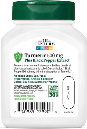 Miniatura 2 de 21st Century Cúrcuma 500 mg más extracto de pimienta negra cápsulas vegetarianas, 60