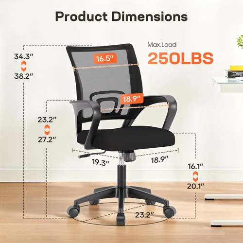 Miniatura 7 de BestOffice Silla ergonómica de oficina Silla de escritorio giratoria de respaldo medio Respaldo y soporte lumbar transpirable Altura Negro