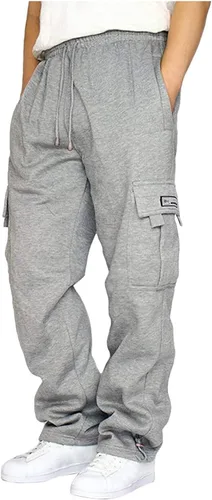 Pantalones deportivos tipo cargo de forro polar para hombre con cordón y bolsillos