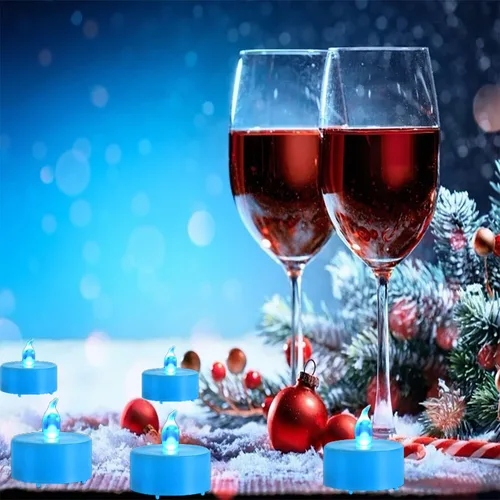 Miniatura 6 de Velas de té sin llama, paquete de 50 velas LED, realistas y brillantes, parpadeantes, de larga duración, 200 horas para festividades, fiestas, Azul