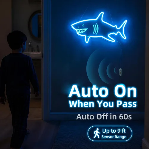 Miniatura 3 de Letrero de neón de tiburón con sensor de movimiento, letrero de neón LED azul hielo con 3 modos regulables, tablero acrílico decoración de tiburón