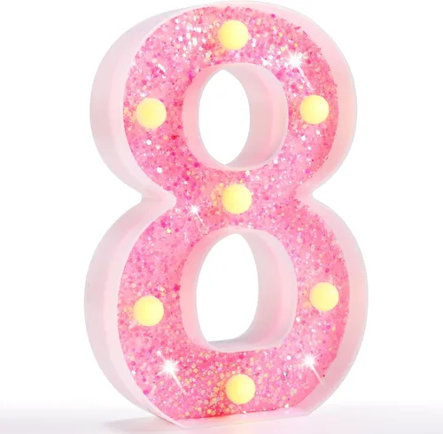 Miniatura 35 de Pooqla Luces de números de marquesina, números de luz rosa para niñas de 10.º cumpleaños, funciona con pilas, luz nocturna de número con purpurina