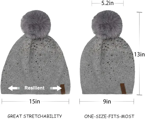 Miniatura 4 de Gorro de invierno para mujer con pompón de piel sintética cálido suave con diamantes de imitación para mujer
