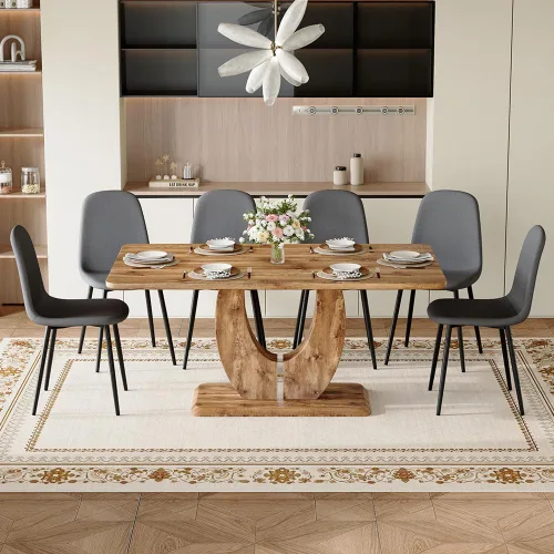 Miniatura 20 de Juego de mesa de comedor moderno para 4, mesa de cocina de madera de 63 pulgadas con 4 sillas tapizadas de gamuza de tela, estilo granja con parte