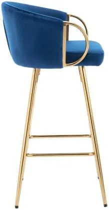 Miniatura 5 de Taburetes de bar modernos de terciopelo, juego de 2 taburetes de bar con respaldo y reposapiés cromados, taburetes de bar altos con patas doradas
