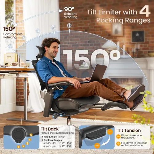 Miniatura 5 de GABRYLLY Silla de oficina ergonómica, silla de escritorio con respaldo alto con reposacabezas, brazos abatibles, bloqueo de inclinación de 90-120°