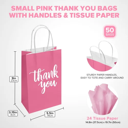Miniatura 3 de DjinnGlory Paquete de 50 pequeñas bolsas de regalo de papel rosa con asas de 9 x 5.5 x 3.15 pulgadas y 50 papel de seda rosa para recuerdos