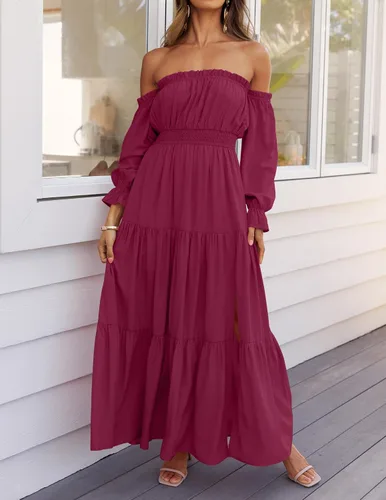 Miniatura 39 de ZESICA - Vestido largo, bohemio y sexy, con hombros descubiertos y manga larga fruncida, con elástico fruncido, cintura alta y abertura lateral