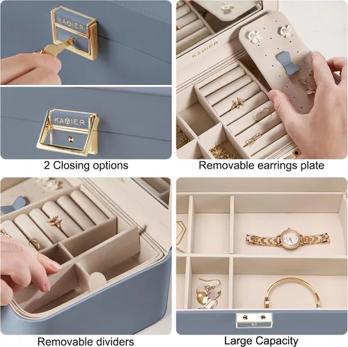 Miniatura 3 de KAMIER Caja organizadora de joyas, 2 capas de piel sintética, gran capacidad, doble cerradura y espejo grande, ganchos ocultos para collares