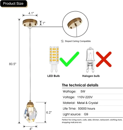 Miniatura 4 de Lámpara colgante de cristal de diamante de 1 luz, lámpara colgante mini para techo en acabado de latón cepillado dorado, lámpara colgante LED