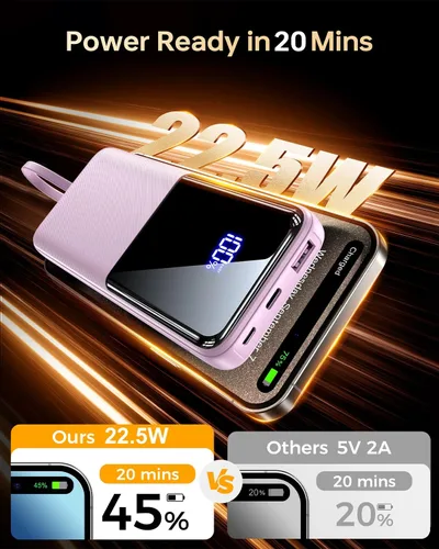 Miniatura 3 de CFIAI Cargador portátil de batería, 50% más de capacidad, batería de 15000 mAh con cable integrado, carga rápida de 22.5 W, para viajes, camping