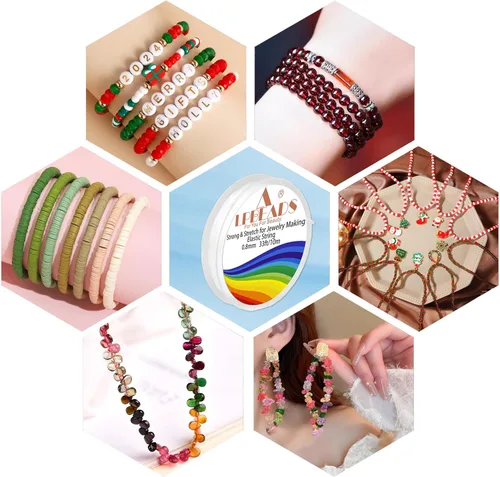 Miniatura 7 de LPBeads 12 rollos de 0.8mm de hilo elástico para hacer joyería de pulseras con agujas y regla para ensartar cuentas
