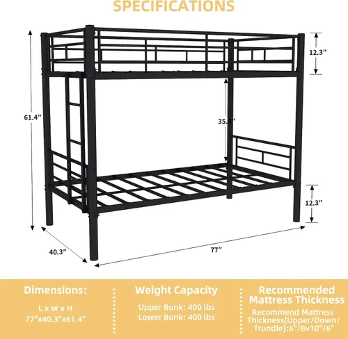 Miniatura 2 de GNIXUU Litera de metal individual sobre individual, literas modernas con escalera y barandilla de longitud completa, litera resistente