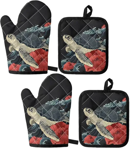 Miniatura 30 de UNICEU Juego de 4 manoplas de horno personalizadas y soportes para ollas, decoración de cocina, guantes protectores personalizados para hornear