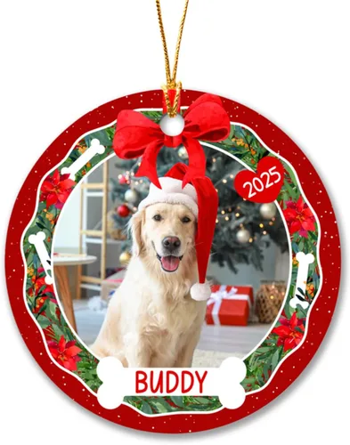 Marco de fotos personalizado para perro, adorno de Navidad 2025 – Nombre y año personalizados para decoración de árboles, adorno de imagen de la