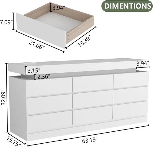 Miniatura 2 de Gyfimoie Cómoda de 9 cajones con toma de corriente, cómoda con luz LED, cómoda moderna para armario, gabinete organizador de cajones doble ancho