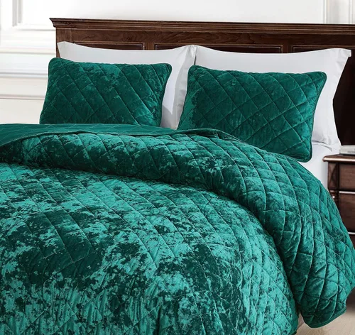 Miniatura 3 de Chezmoi Collection Lux - Juego de edredón de terciopelo verde esmeralda King, 3 piezas, ropa de cama de terciopelo desgastado de felpa exuberante