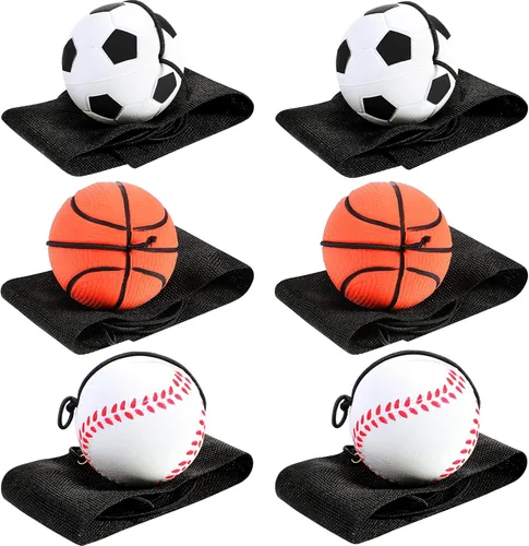 Skylety 6 Piezas Pelota de Retorno de Muñeca con Cuerda Pelotas Deportivas de Rebote de 2.48 Pulgadas con Correa Elástica Fútbol Baloncesto Béisbol