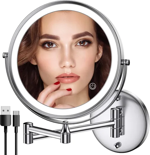 Rocollos Espejo de maquillaje iluminado de pared recargable cromado, espejo de tocador LED de doble cara de 8 pulgadas, aumento de 1X/10X, 3 luces