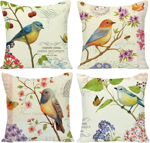 Juego de 4 fundas decorativas para cojín de exterior con diseño de flores y pájaros de primavera, estampado de colibrí, de lino, 16x16, con