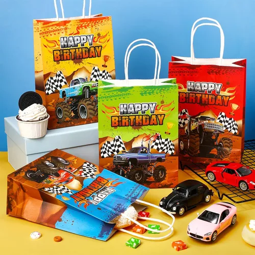 Miniatura 4 de Pajean 16 bolsas de regalo de fiesta de camiones de monstruos, camiones de carreras, regalo de papel, bolsas de dulces para suministros temáticos