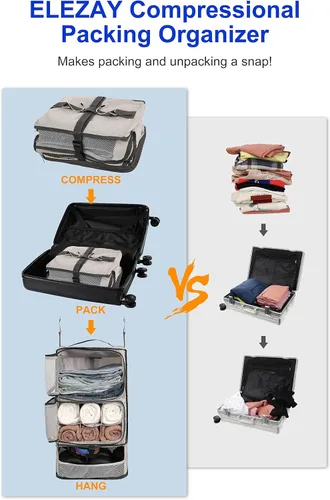 Miniatura 2 de ELEZAY Cubos de embalaje colgantes portátiles para armario, organizador de ropa de compresión plegable de 3 estantes para equipaje de mano, maleta
