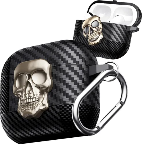Miniatura 12 de Funda para AirPods Pro de 2ª generación, calavera con cerradura y llavero para hombres, divertida fibra de carbono de cuerpo completo, a prueba