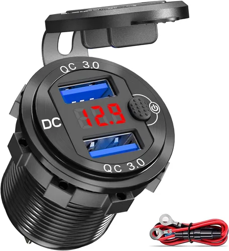 Miniatura 9 de Paquete de 2 salidas USB de 12 V, carga rápida dual 3.0, cargador de aluminio impermeable con voltímetro LED e interruptor de alimentación