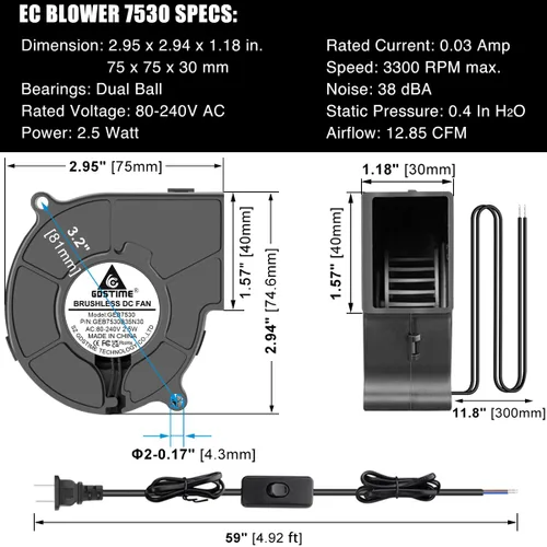 Miniatura 3 de GDSTIME Ventilador EC 2.953 in x 1.181 in, CA 110 V 115 V 120 V 220 V 240 V Ventilador centrífugo Ventilador Ventilador Doble Rodamiento de bolas