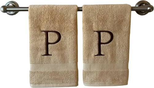 Miniatura 170 de Toalla de mano con inicial beige para baño, toalla bordada decorativa de calidad de hotel de lujo con monograma para tocador, spa, certificado
