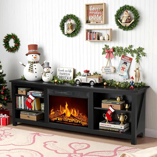 Miniatura 6 de AMERLIFE Soporte de TV con chimenea, centro de entretenimiento con textura de madera con chimenea eléctrica de 23 pulgadas, soporte