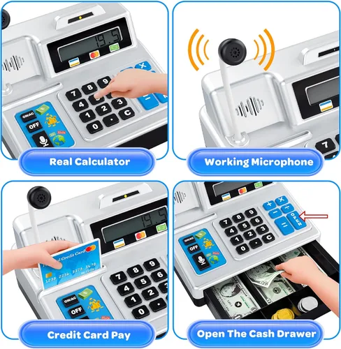 Miniatura 3 de Calculadora de caja registradora – Caja registradora de juguete de 103 piezas, juego de tienda con micrófono, tarjeta de crédito y banco para niños