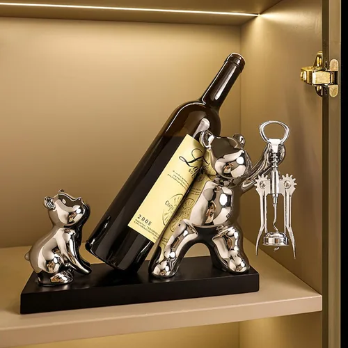 Miniatura 2 de Linxia Estante de vino de mesa, soporte para botellas de vino de doble oso con sacacorchos, soporte de cerámica plateado independiente para botella