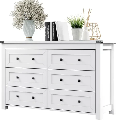 Miniatura 9 de Cómoda para dormitorio con 6 cajones, cómoda de madera de granja, soporte de TV ancho con mango de metal, organizador de ropa moderno para pasillo