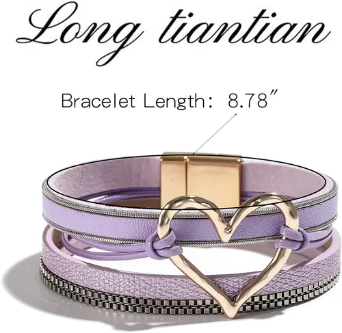 Miniatura 8 de Pulseras envolventes de cuero para mujer, pulseras negras, pulseras bohemias multicapa con cierre magnético, pulseras de corazón, joyas