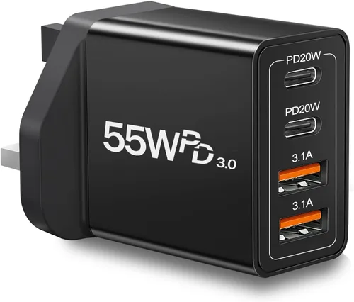 Cargador USB C del Reino Unido, adaptador de enchufe de viaje de 55 W, adaptador de enchufe de 4 puertos de carga rápida tipo G, cargador de enchufe