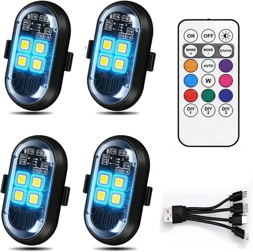Luces Estroboscópicas de Advertencia LED Inalámbricas Mejoradas de 4 Lámparas de Alta Luminosidad de 4 Grupos | 8 Colores, Luces Impermeables con