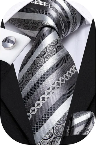 Miniatura 111 de Hi-Tie Corbatas de seda para hombre, diseño de cachemira a rayas, con bolsillo, gemelos cuadrados, conjunto formal de negocios